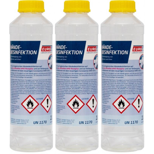 EUROLUB Händedesinfektion Desinfektionsmittel 1 Liter Flasche 3x 1l = 3 Liter