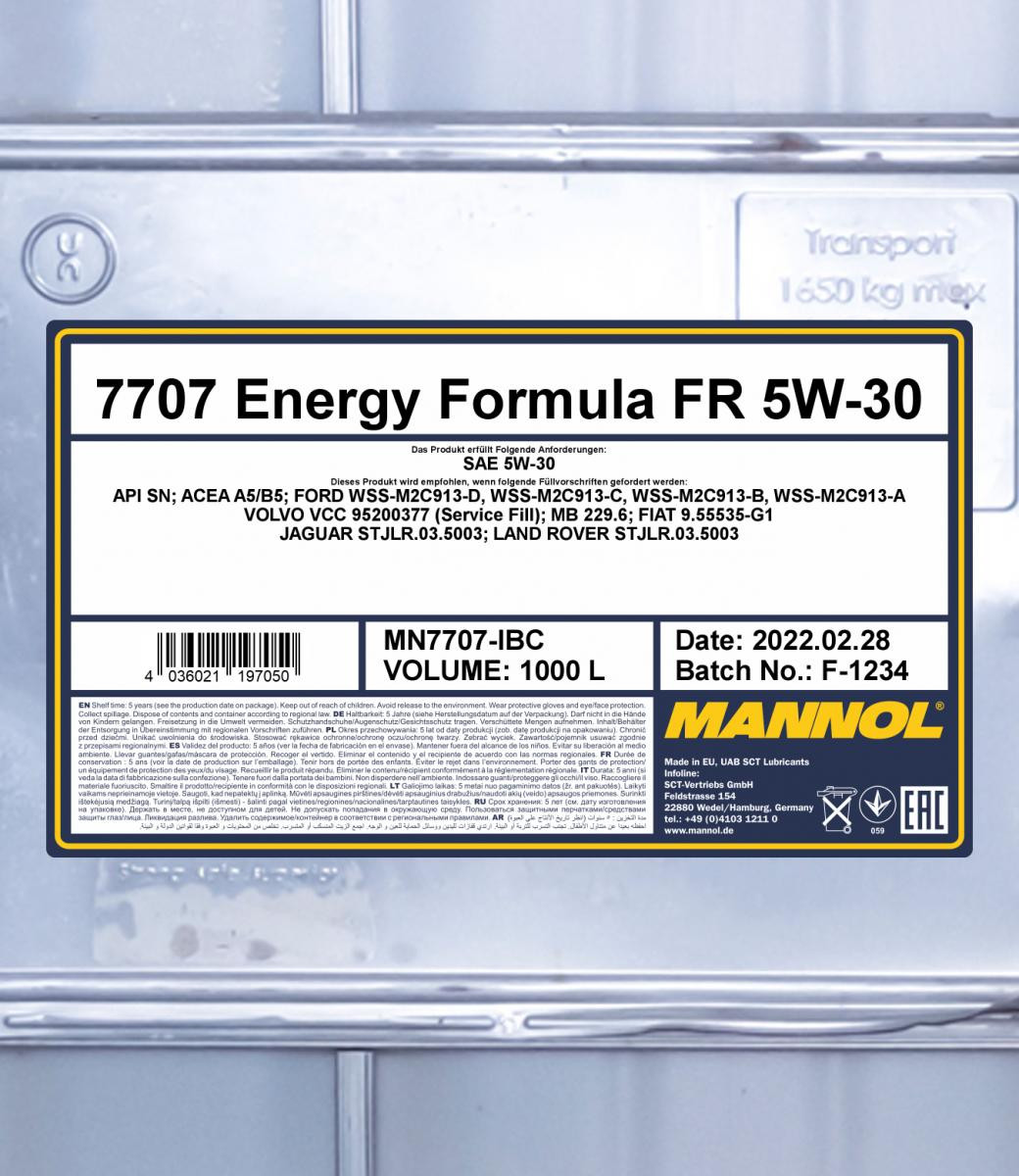Mannol 7707 Energy Formula FR 5W-30 Motoröl 1000l IBC Container