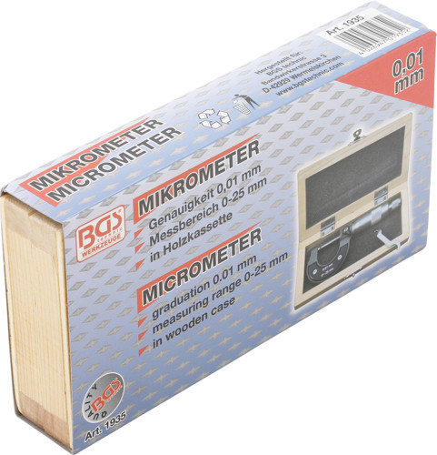 BGS Bügelmessschraube in Holzkassette | Genauigkeit 0,01 mm | 0 - 25 mm