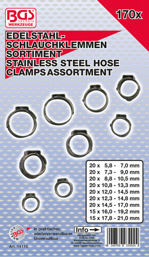 BGS Edelstahl-Schlauchklemmen-Sortiment | Ø 5,8 - 21 mm | 170-tlg.