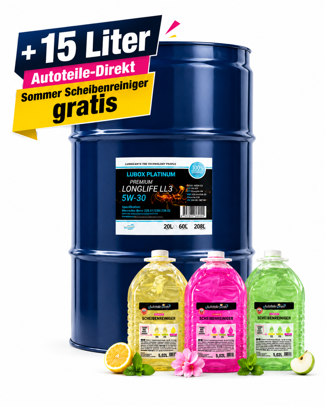 LIMOX Platinum Longlife LL3 5W-30 Motoröl 60 Liter Fass + 15 Liter Autoteile-Direkt Sommer Scheibenreiniger EXTREM AKTION