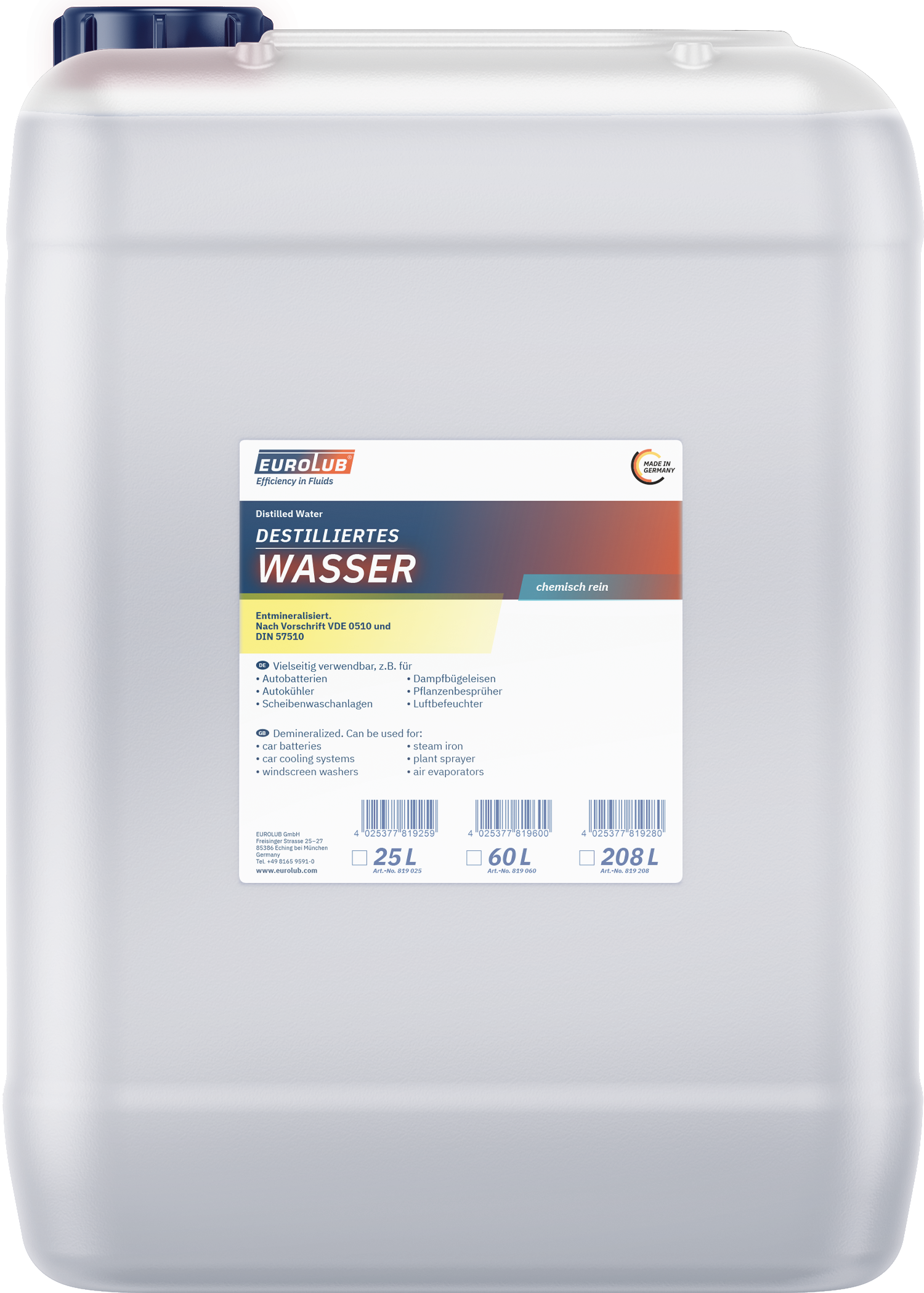 EUROLUB Destilliertes Wasser 25 Liter Kanister