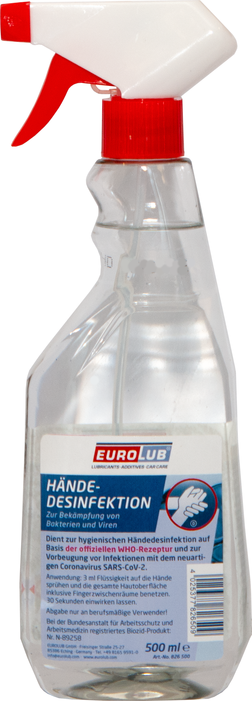 EUROLUB Händedesinfektion Desinfektionsmittel 500 ml Sprühflasche
