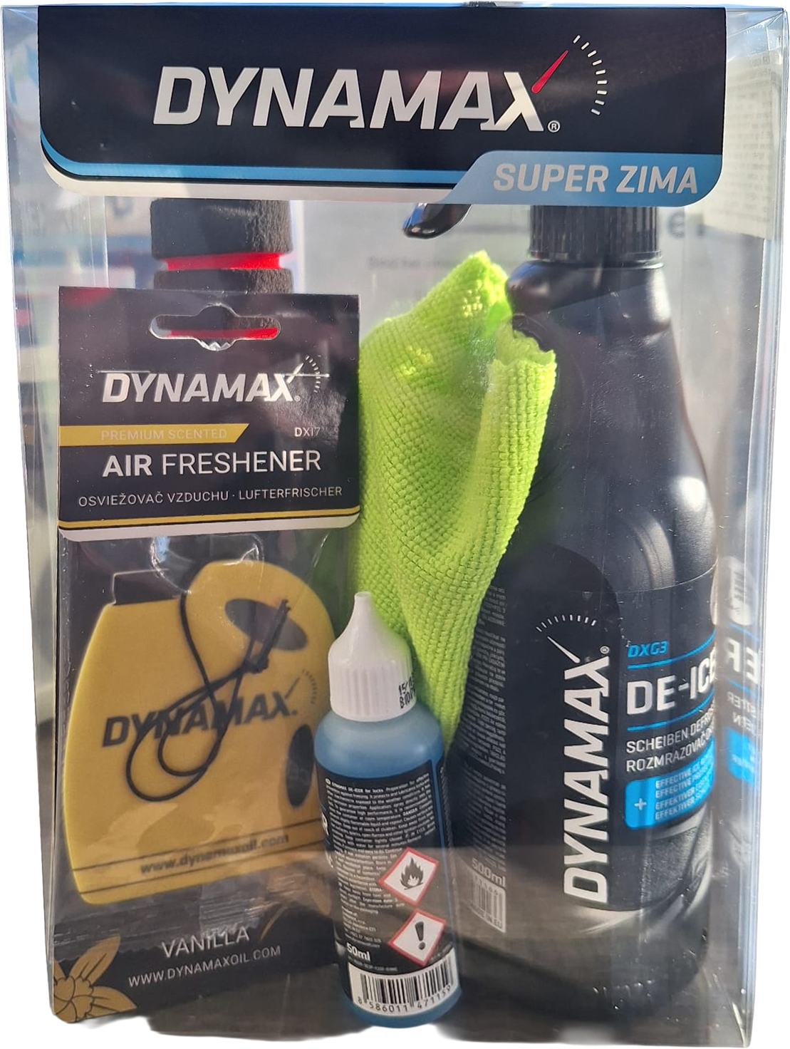 Dynamax Winter Set - 1 x Scheibenenteiser-Spray 500ml, 1 x Türschloss-Entfroster 50ml, 1 x Lufterfrischer Vanille, 1 x Eiskratzer, 1 x Mikrofasertuch