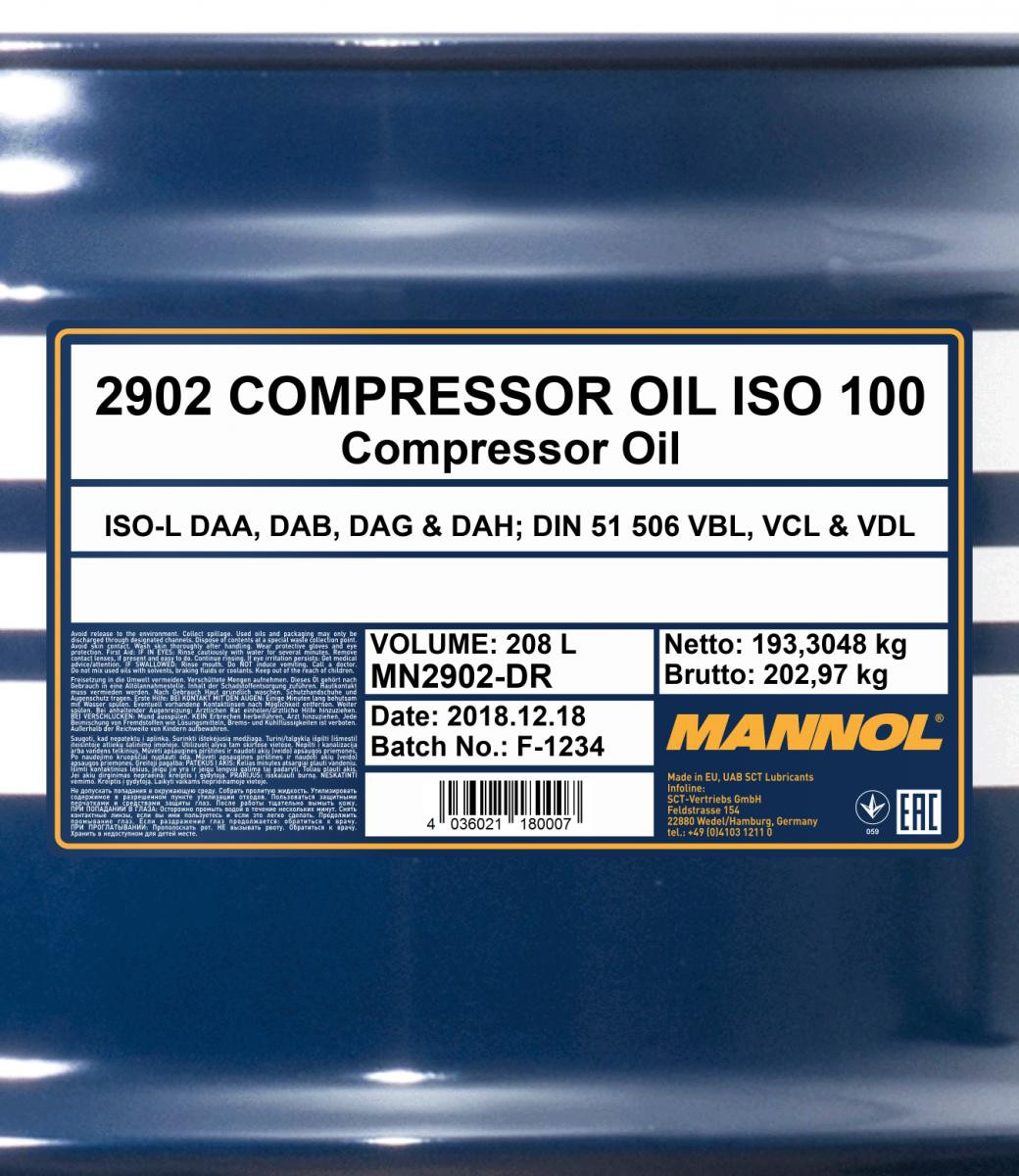 Mannol 2902 Compressor ISO 100 Kompressorenöl 208l Fass