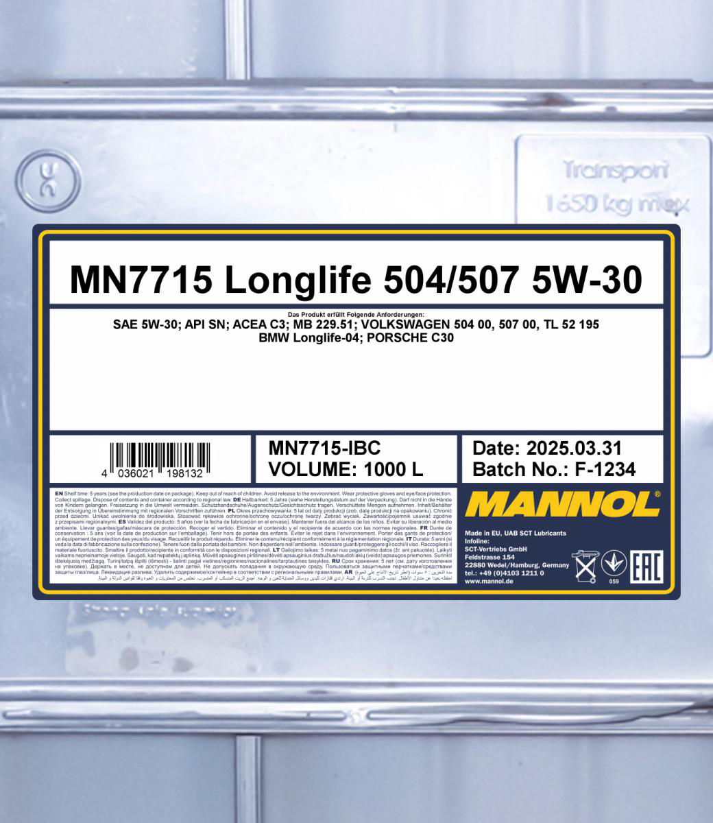 Mannol 7715 Longlife 504/507 5W-30 Motoröl 1000l IBC Container