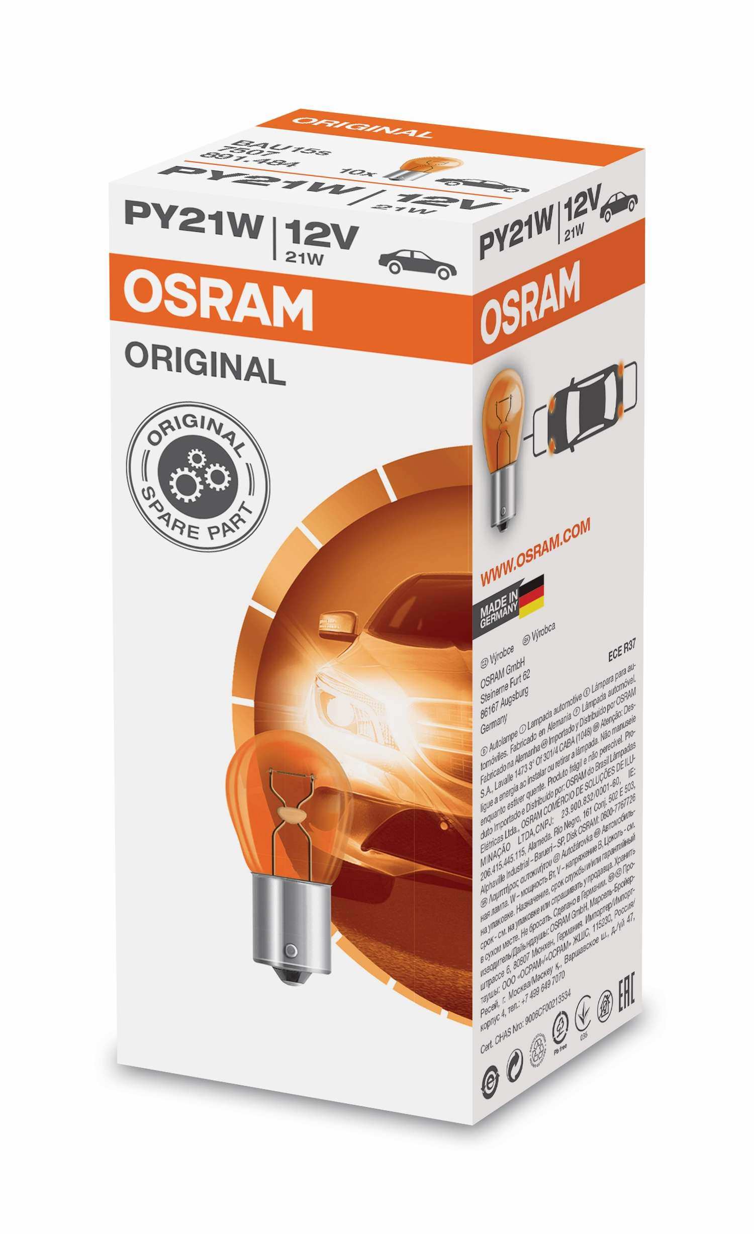 Osram Lampe mit Metallsockel Glühlampe PY21W BAU15s 12V 21W 1 Stück