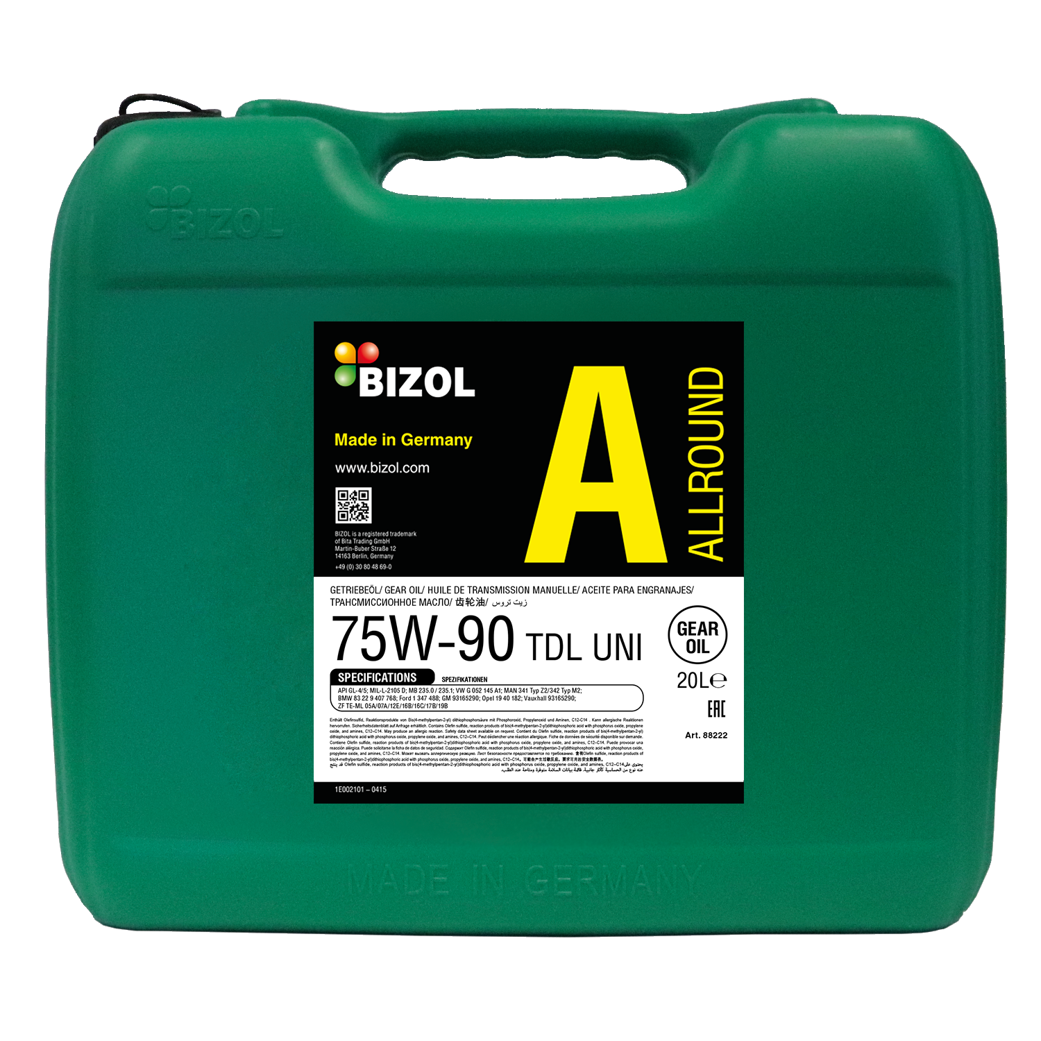 BIZOL Allround Gear Oil Getriebeöl TDL 75W-90 UNI - 20 Liter