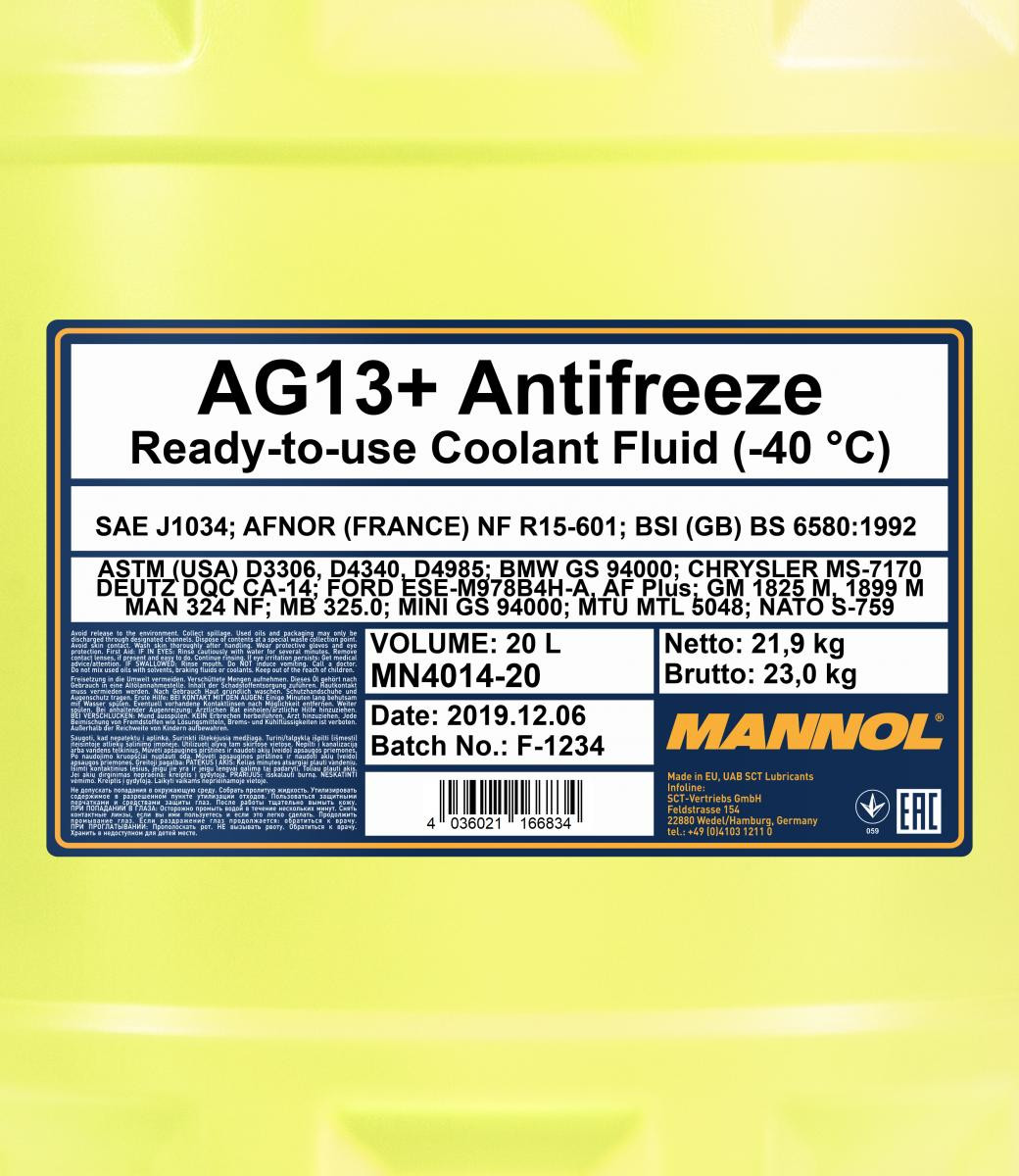Mannol 4014 AG13+ Advanced Kühlerfrostschutz Fertigmischung -40° 20l Kanister