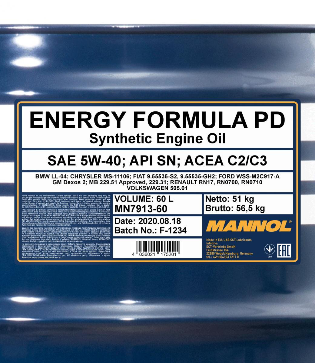 Mannol 7913 Energy Formula PD 5W-40 synthetisches Motoröl 60l Fass