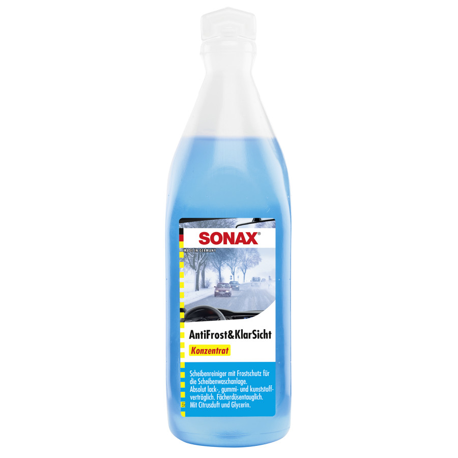 SONAX AntiFrost&KlarSicht Konzentrat 250 ml ergibt bis zu 0,75 Liter Winter-Scheibenwaschwasser, sofort mischbereit, schlierenfrei, Antikalk-Effekt | Art-Nr. 03321000